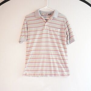 VTG Striped Polo Shirt Men's Small Short Sleeve‎ Casual Gray Red Yellow Pocket